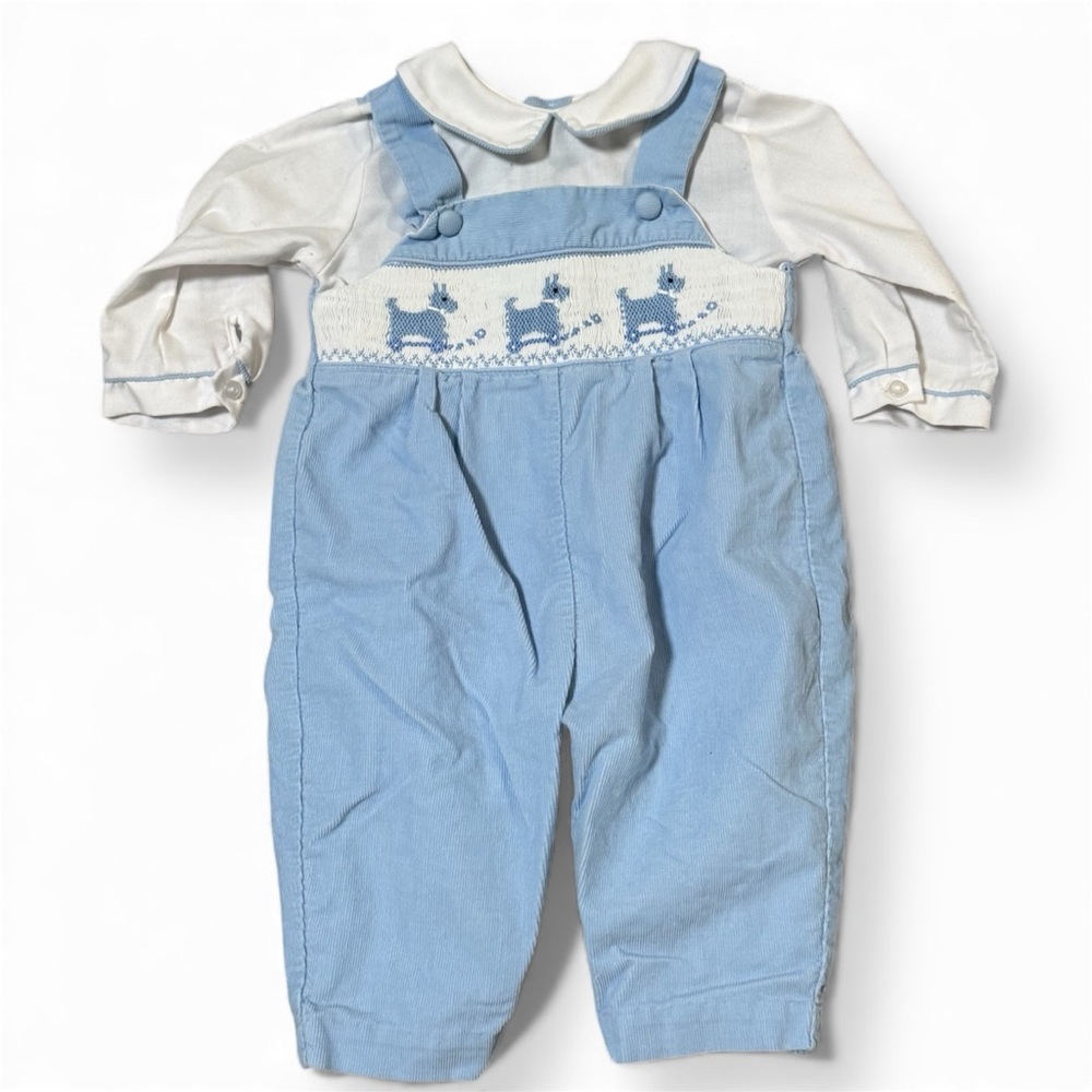 Vintage Smocked Dog Puppy Overalls Set – Baby Blue Corduroy Outfit 3m